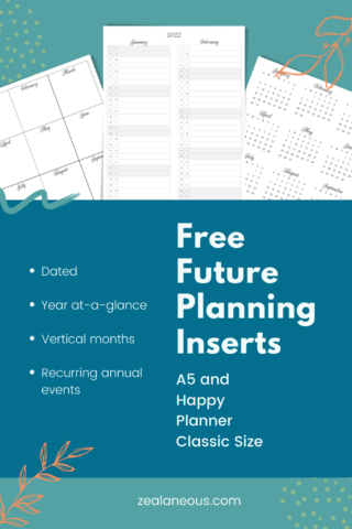 Free 2022 Dated printable future planning planner insert for 2022 with year at a glance, vertical months, and recurring events page.