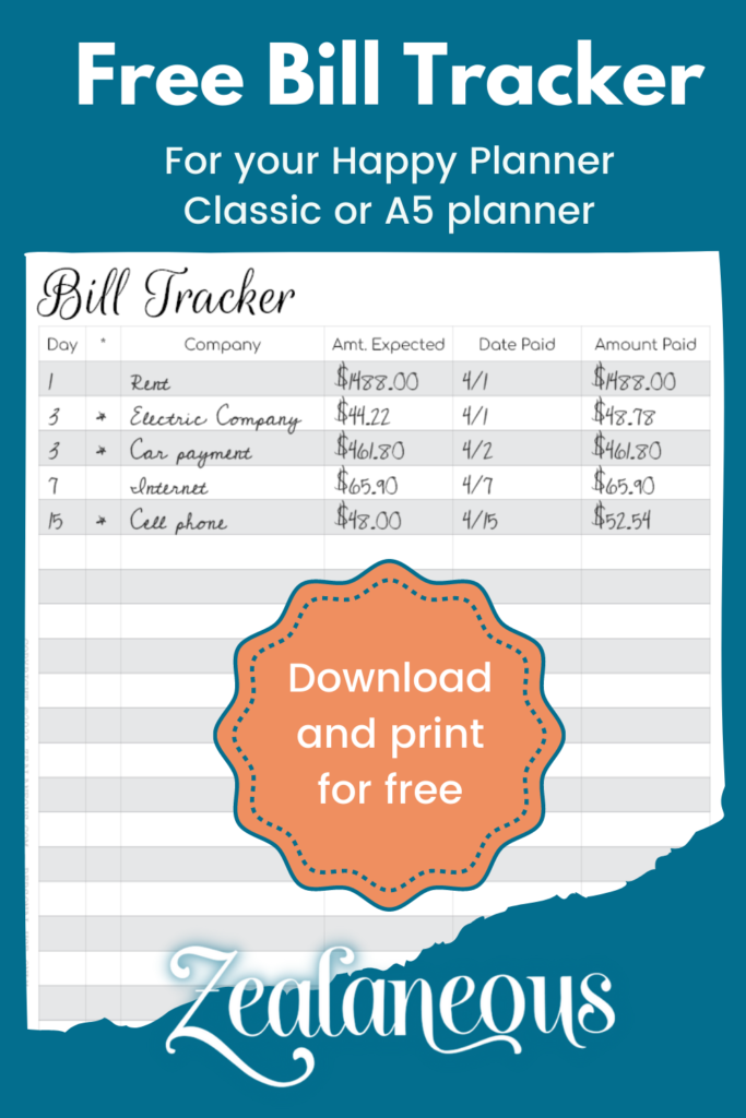 Free printable bill tracker insert for your planner