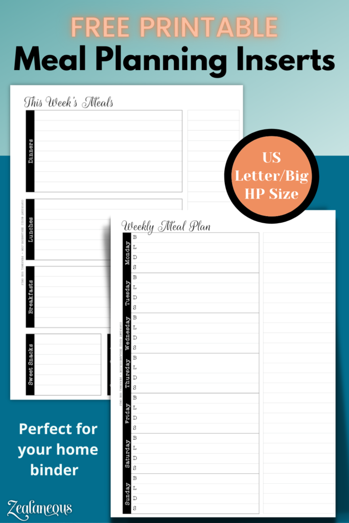 Free printable meal plan and menu plan planner inserts in US Letter size or Big Happy Planner