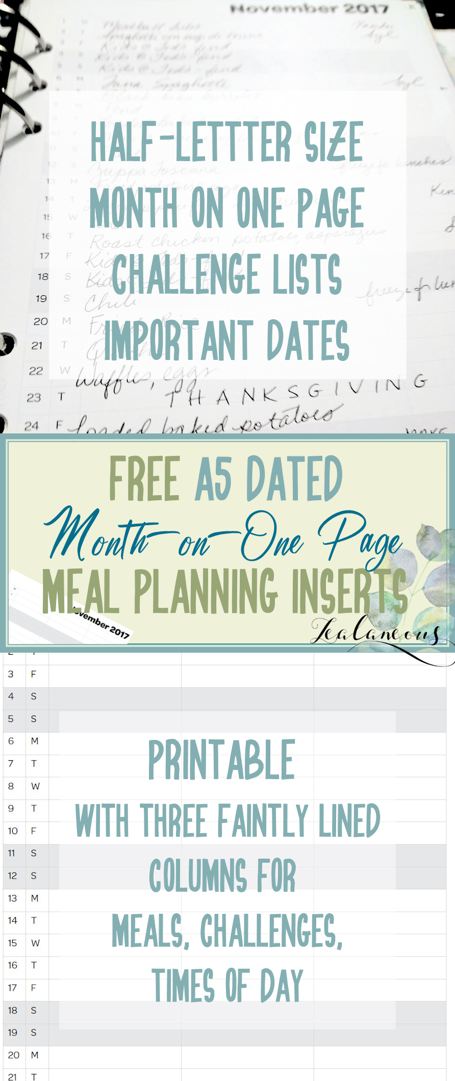 Free half letter size printable month on one page inserts
