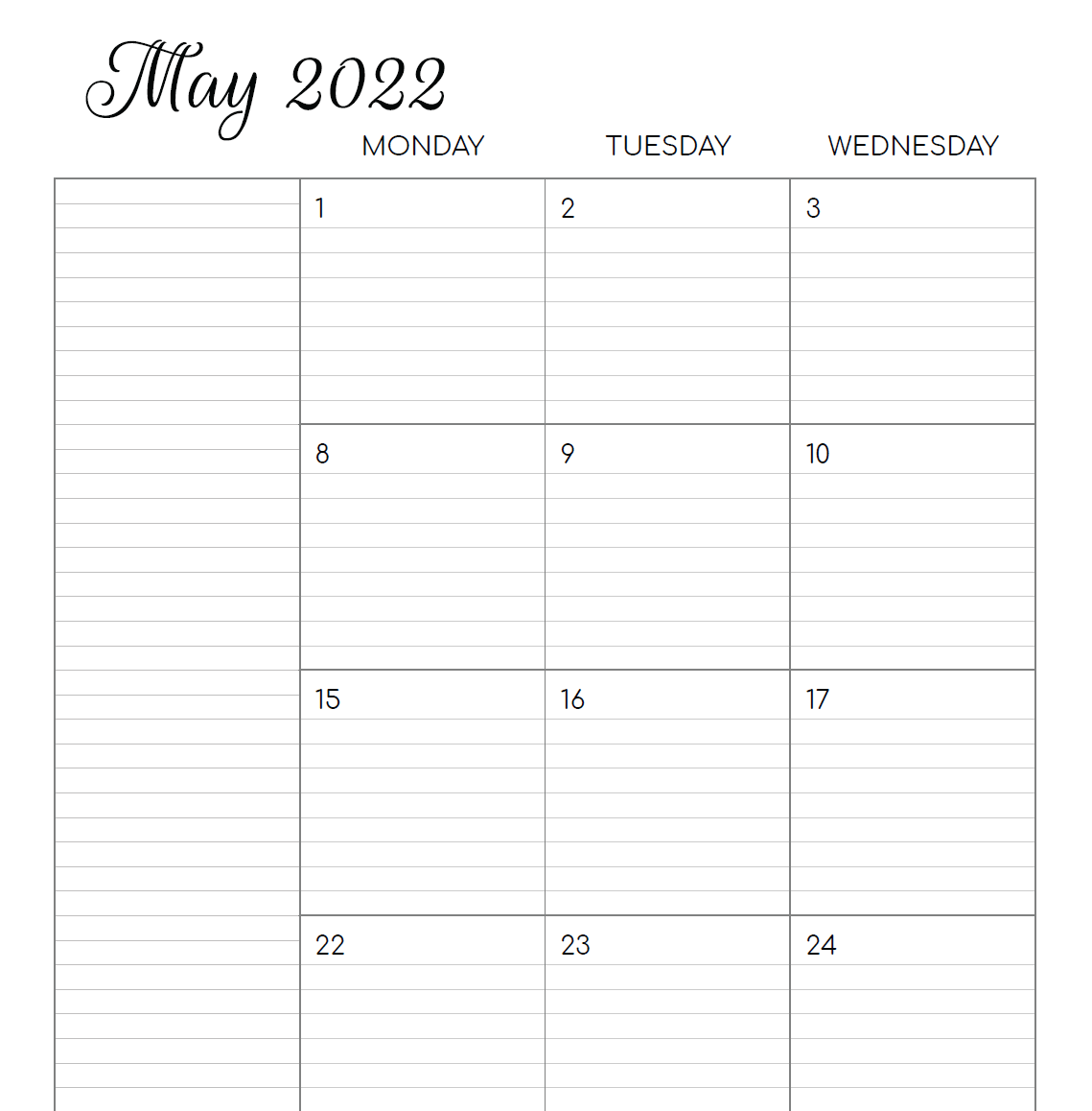 Free Printable Happy Planner Classic-sized Monday Start Lined 2022 Calendar Inserts